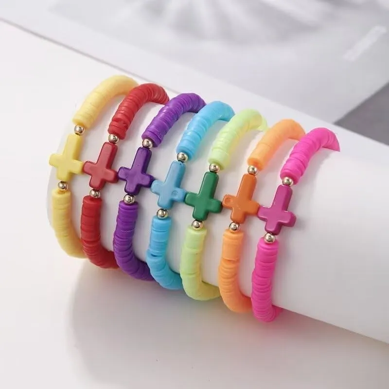 Todu 7Pcs Rainbow Cross Bracelet Heishi Surfer Stackable Clay Beaded Bracelet Layering Colorful Friendship For Women Girls Boho Summer Beach Jewelry Gift