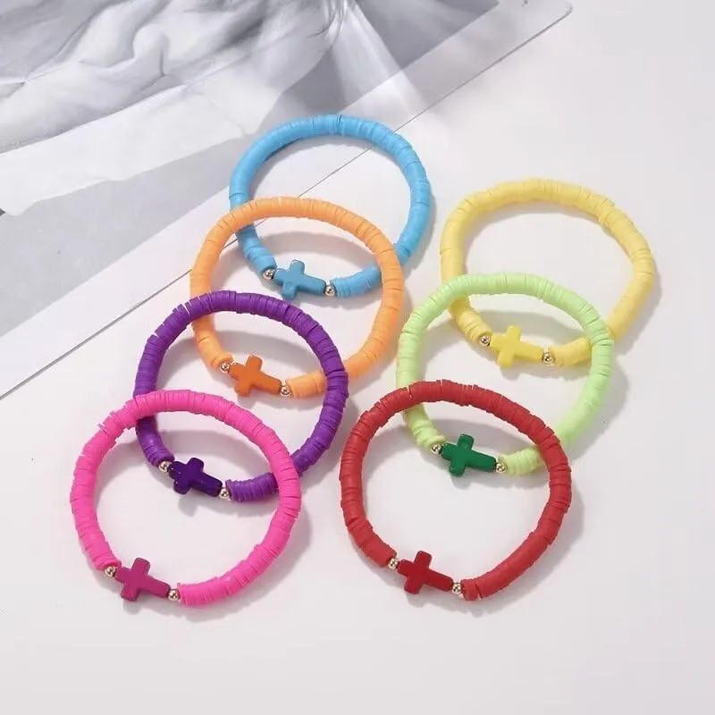 Todu 7Pcs Rainbow Cross Bracelet Heishi Surfer Stackable Clay Beaded Bracelet Layering Colorful Friendship For Women Girls Boho Summer Beach Jewelry Gift