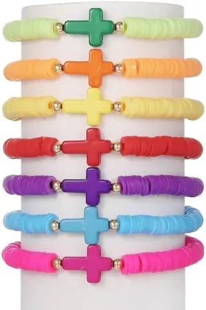 Todu 7Pcs Rainbow Cross Bracelet Heishi Surfer Stackable Clay Beaded Bracelet Layering Colorful Friendship For Women Girls Boho Summer Beach Jewelry Gift