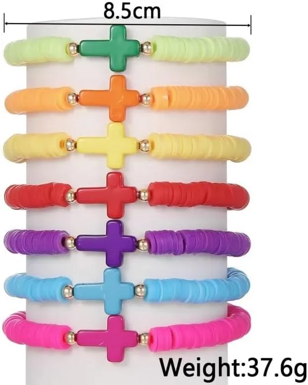 Todu 7Pcs Rainbow Cross Bracelet Heishi Surfer Stackable Clay Beaded Bracelet Layering Colorful Friendship For Women Girls Boho Summer Beach Jewelry Gift
