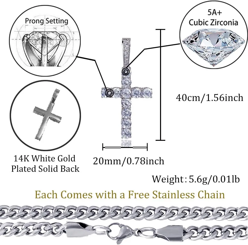 TOPGRILLZ Cross Necklace for Men Gold Necklace for Women Gold Heart Cross Jewelry 14K Silver Plated Solid Iced Cubic Zirconia Stainless Steel Pendant Chain