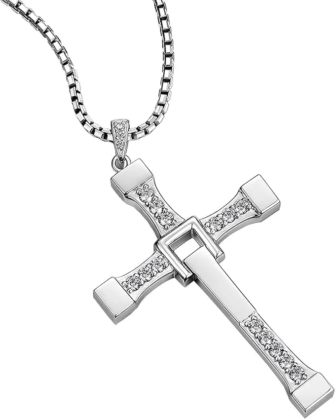 toreto cruz Cross Necklace - Stainless Steel Cross for Women & Men Long Chain - Mens Necklaces with Small Diamonds (Silver) Fast and The Furious Dominic Vin Diesel toretto plata dije crucifijo don toretto toreto Stainless Steel 