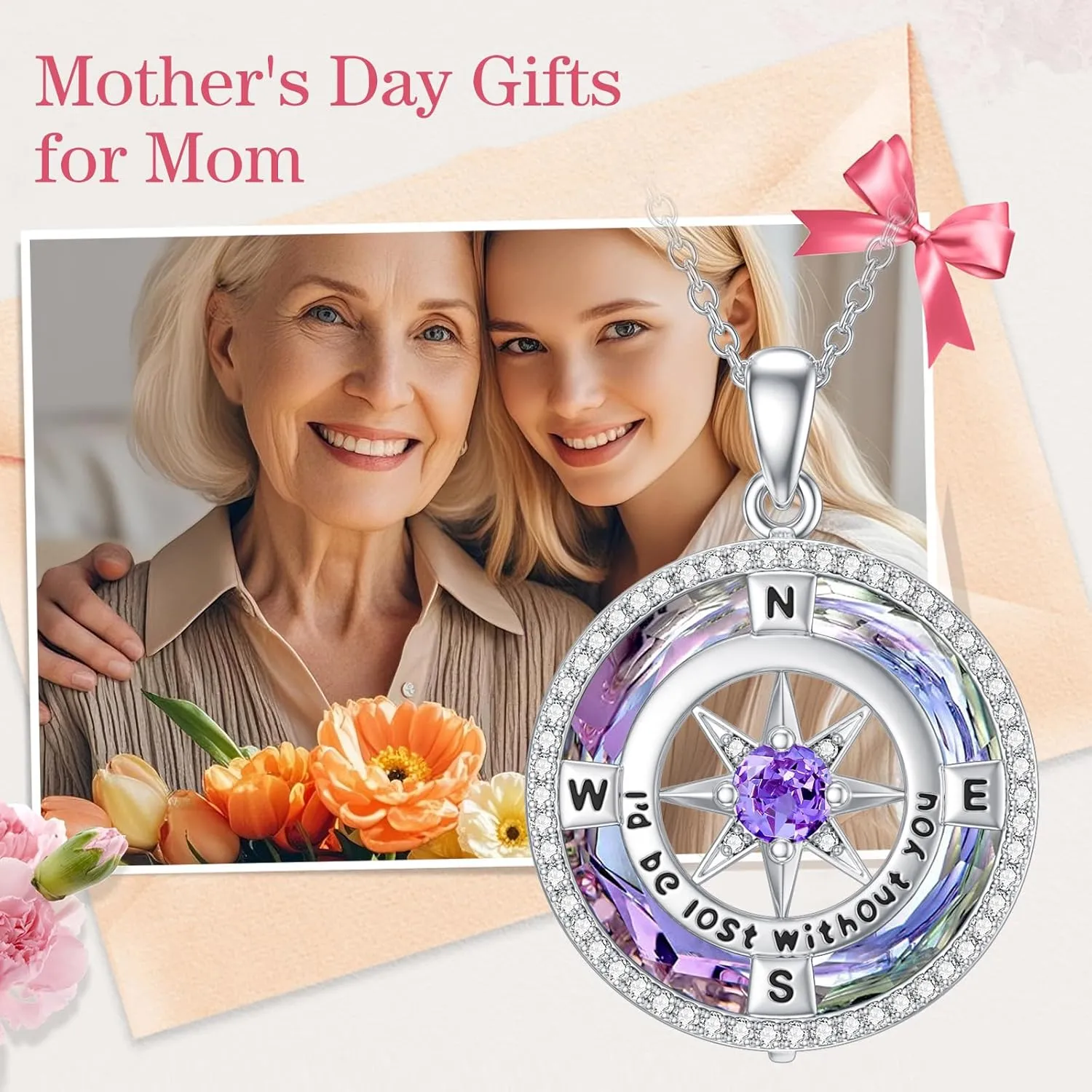 TOUPOP Compass Necklace for Women 925 Sterling Silver I'd be Lost without You Compass Pendant Birthstone Necklaces Anniversary Jewelry Birthday Gift for Girlfriend Wife Graduation Gifts for Her Daugthter