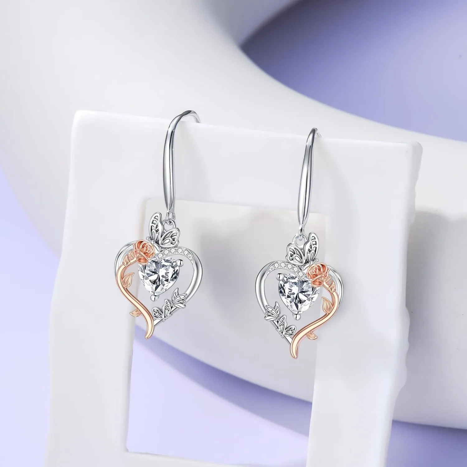 TOUPOP Rose Heart Birthstone Earrings for Women 925 Sterling Silver Butterfly Heart Earrings Love Jewelry Anniversary Birthday Mothers Day Gifts for Her Mom
