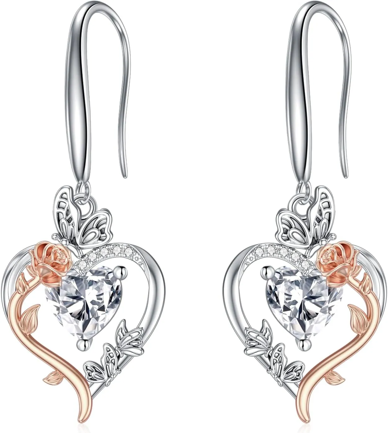 TOUPOP Rose Heart Birthstone Earrings for Women 925 Sterling Silver Butterfly Heart Earrings Love Jewelry Anniversary Birthday Mothers Day Gifts for Her Mom