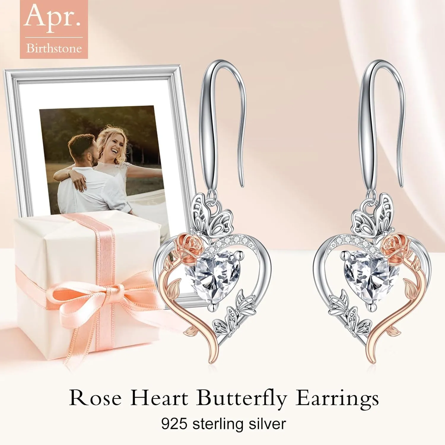 TOUPOP Rose Heart Birthstone Earrings for Women 925 Sterling Silver Butterfly Heart Earrings Love Jewelry Anniversary Birthday Mothers Day Gifts for Her Mom