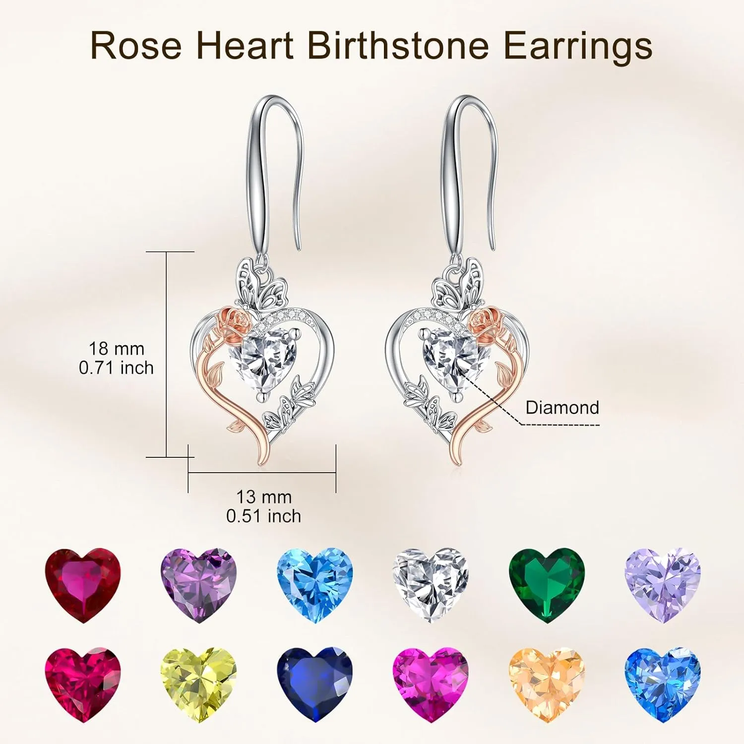 TOUPOP Rose Heart Birthstone Earrings for Women 925 Sterling Silver Butterfly Heart Earrings Love Jewelry Anniversary Birthday Mothers Day Gifts for Her Mom