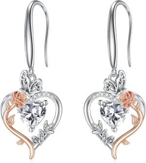 TOUPOP Rose Heart Birthstone Earrings for Women 925 Sterling Silver Butterfly Heart Earrings Love Jewelry Anniversary Birthday Mothers Day Gifts for Her Mom