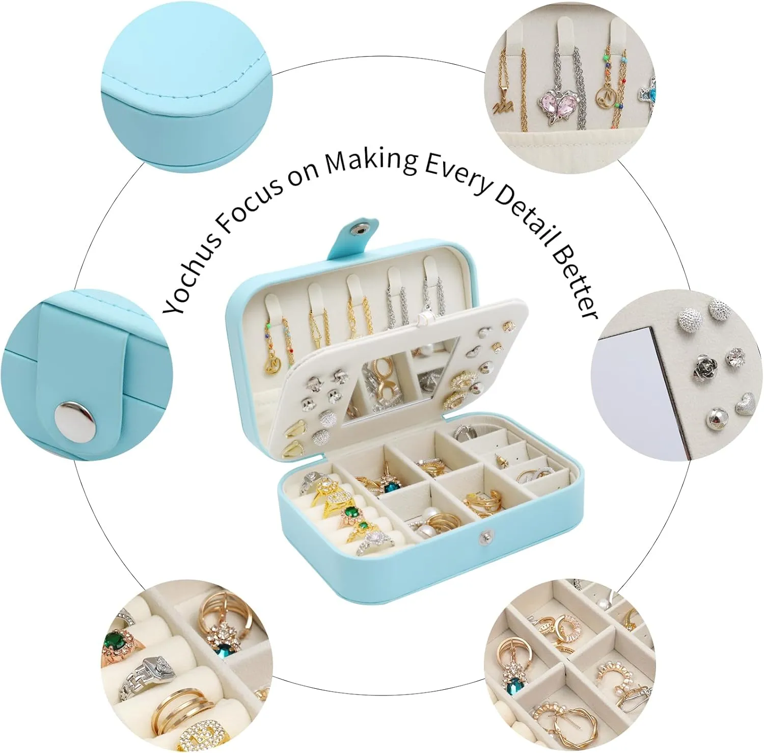 Travel Jewelry Case with Mirror, PU Leather Small Jewelry Organizer for Women Girls, Portable Mini Box, 2 Layer Storage Holder Boxes for Rings, Necklaces, Stud Earrings,Bracelets(Blue)