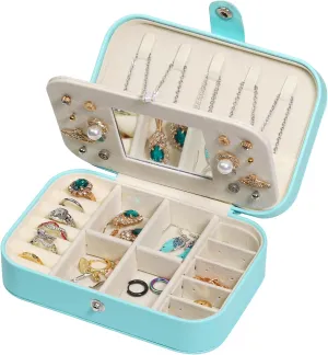 Travel Jewelry Case with Mirror, PU Leather Small Jewelry Organizer for Women Girls, Portable Mini Box, 2 Layer Storage Holder Boxes for Rings, Necklaces, Stud Earrings,Bracelets(Blue)