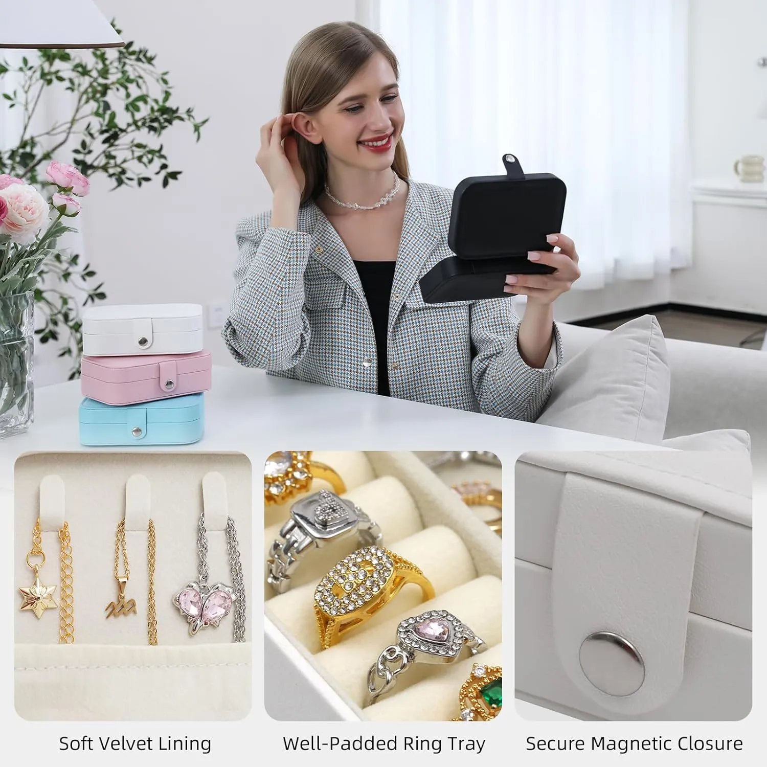 Travel Jewelry Case with Mirror, PU Leather Small Jewelry Organizer for Women Girls, Portable Mini Box, 2 Layer Storage Holder Boxes for Rings, Necklaces, Stud Earrings,Bracelets(Blue)