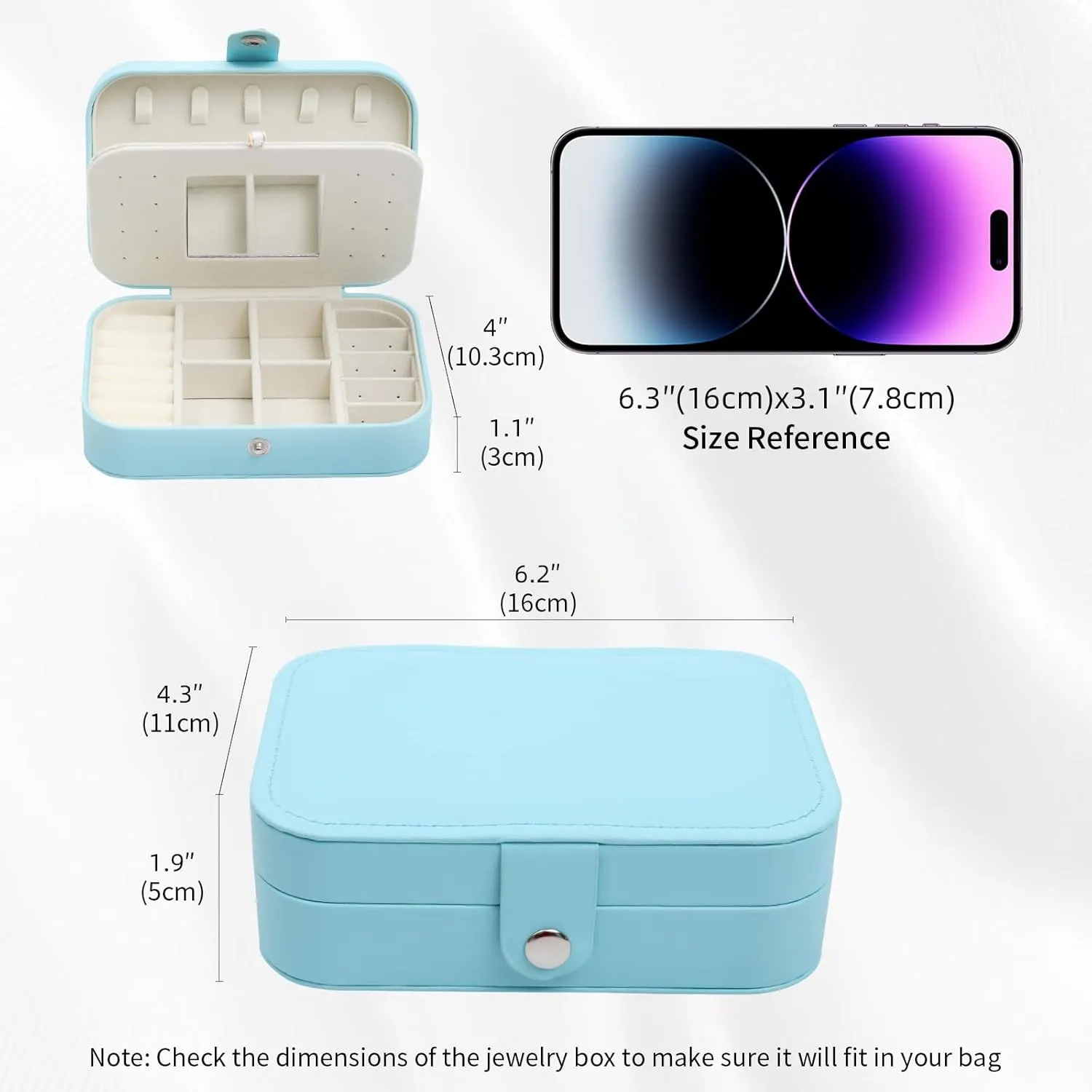 Travel Jewelry Case with Mirror, PU Leather Small Jewelry Organizer for Women Girls, Portable Mini Box, 2 Layer Storage Holder Boxes for Rings, Necklaces, Stud Earrings,Bracelets(Blue)