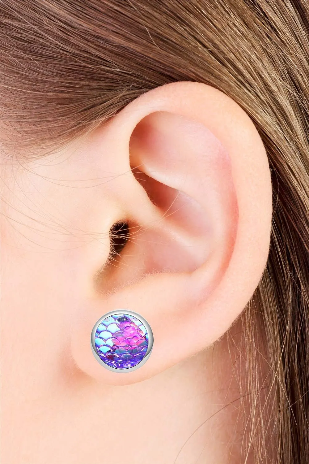 Trio Mermaid Scale Silver Tone Stud Earrings Seafoam Clear AB Blue Best Friend for Women
