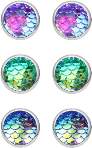 Trio Mermaid Scale Silver Tone Stud Earrings Seafoam Clear AB Blue Best Friend for Women