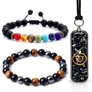 Triple Protection Bracelet Bring Good Luck Prosperity - Orgonite Black Tourmaline Necklace for Protection - 7Chakra Bracelet for Chakra Balance -Stretchable Healing Crystal Bracelet Spiritual Gift