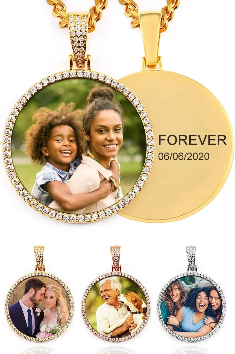 TUHE Hip Hop Custom Picture & Name Necklace Personalized 18K Gold Plated Iced Out Round Pendant Photo Necklace for Men Women Memory Charm Chain Necklace Customized with Text Engraving & Picture