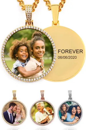 TUHE Hip Hop Custom Picture & Name Necklace Personalized 18K Gold Plated Iced Out Round Pendant Photo Necklace for Men Women Memory Charm Chain Necklace Customized with Text Engraving & Picture
