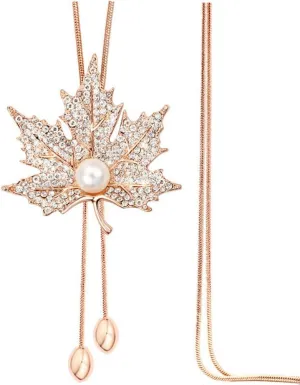 TULIP LY Sweet Crystal Maple Leaf Pendant Necklace Pearl Adjustable Bohemian Style Flower Tassel Long Chain Sweater Necklace