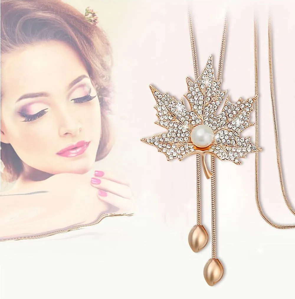 TULIP LY Sweet Crystal Maple Leaf Pendant Necklace Pearl Adjustable Bohemian Style Flower Tassel Long Chain Sweater Necklace