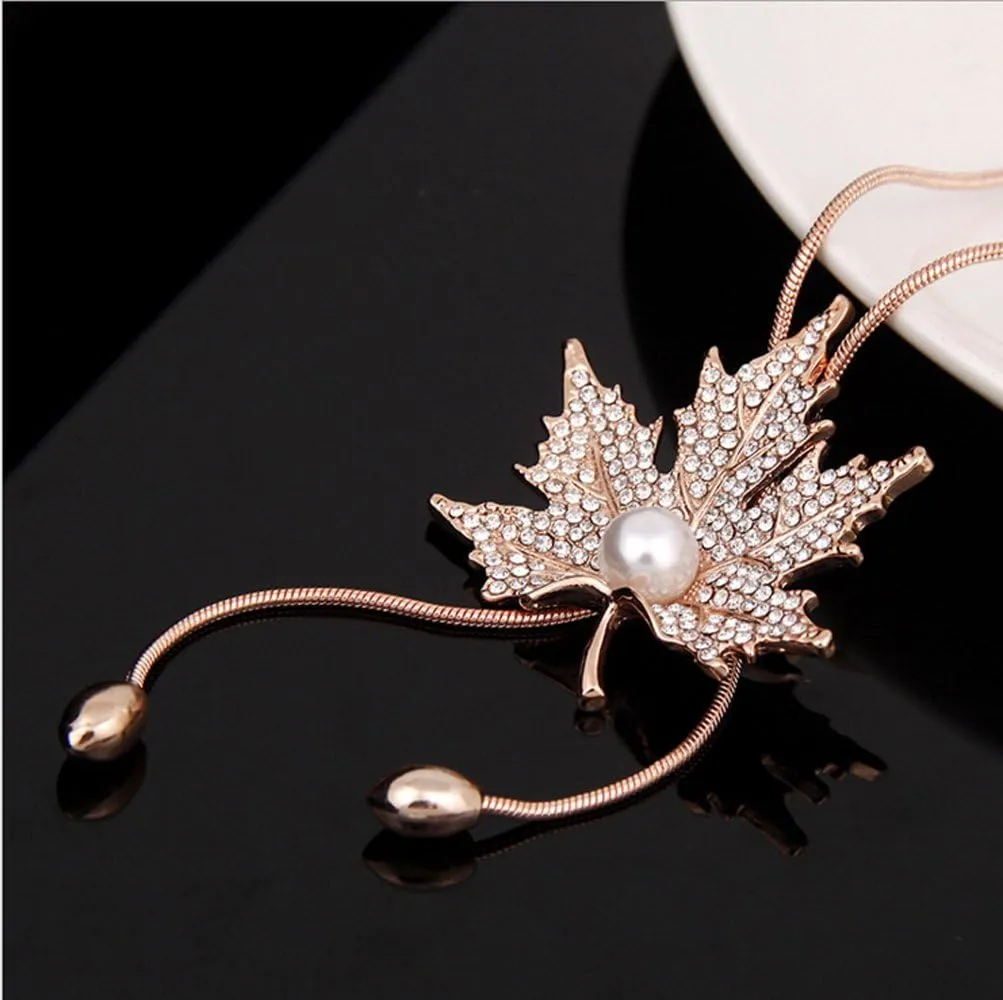 TULIP LY Sweet Crystal Maple Leaf Pendant Necklace Pearl Adjustable Bohemian Style Flower Tassel Long Chain Sweater Necklace