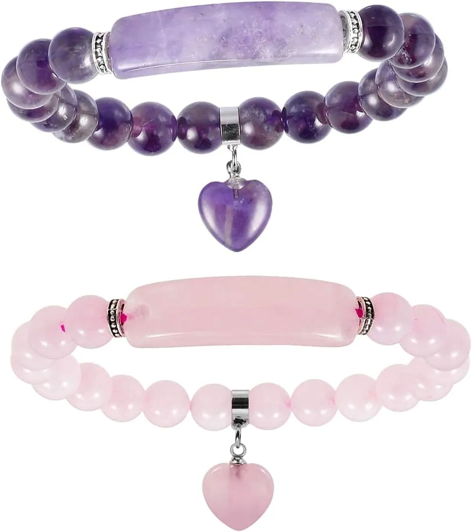 TUMBEELLUWA Pack of 2 Healing Stone Bracelets 8mm Beads Chakra Crystal Energy Heart Charm Bracelet Handmade Jewelry for Women, Amethyst Rose Quartz
