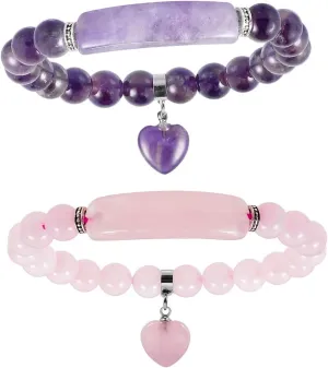 TUMBEELLUWA Pack of 2 Healing Stone Bracelets 8mm Beads Chakra Crystal Energy Heart Charm Bracelet Handmade Jewelry for Women, Amethyst Rose Quartz