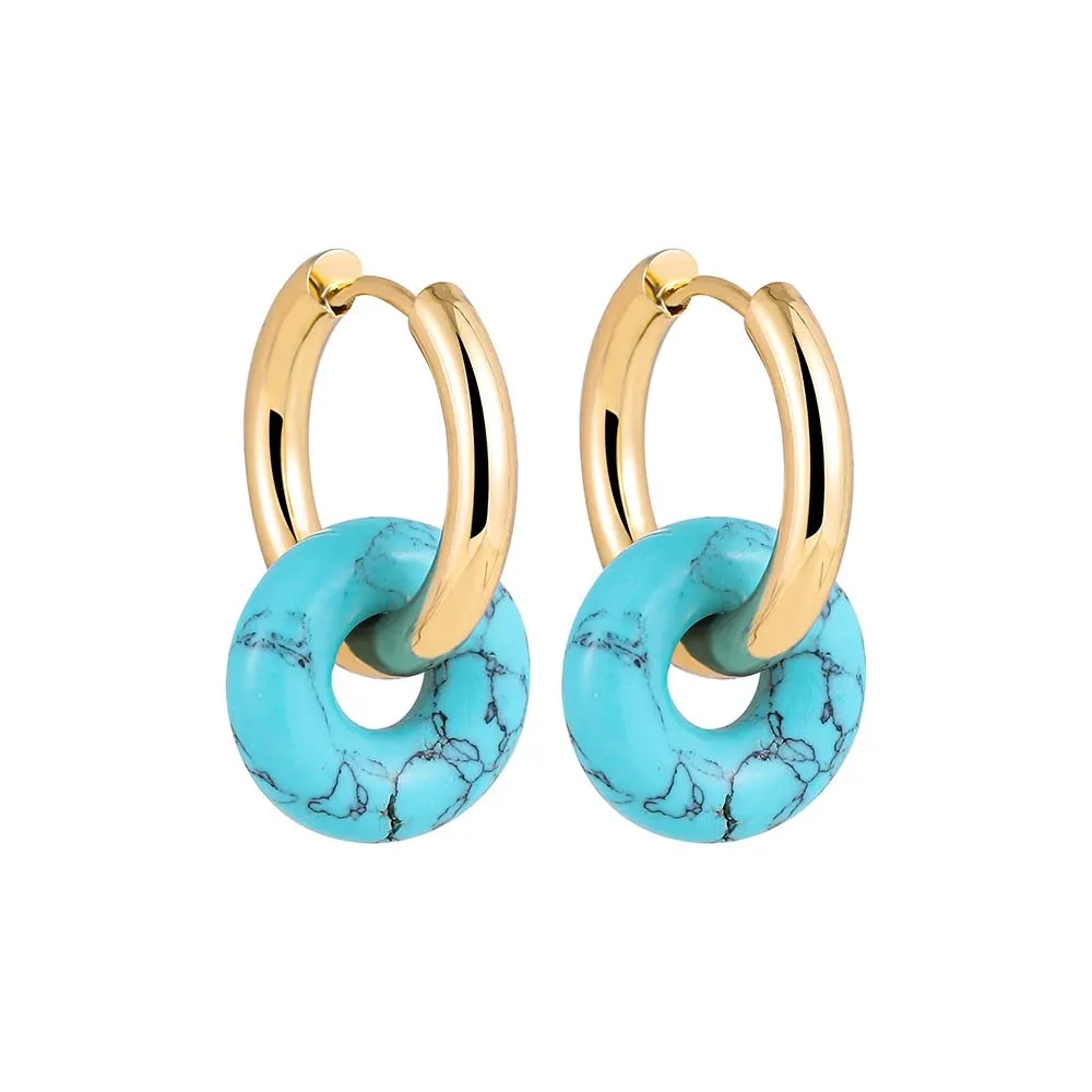 Turquoise Hoop Earrings, Vintage Gold Turquoise Earrings, Unique Gemstone Earrings for Western Turquoise Jewelry, Boho Cowgirl Earrings for Women (Turquoise-Gold)