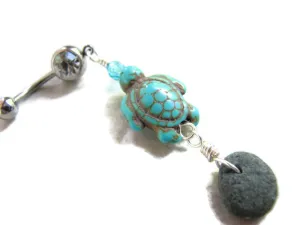 Turquoise Howlite Sea Turtle and Beach Stone Belly Ring