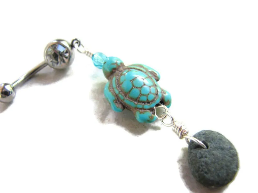 Turquoise Howlite Sea Turtle and Beach Stone Belly Ring