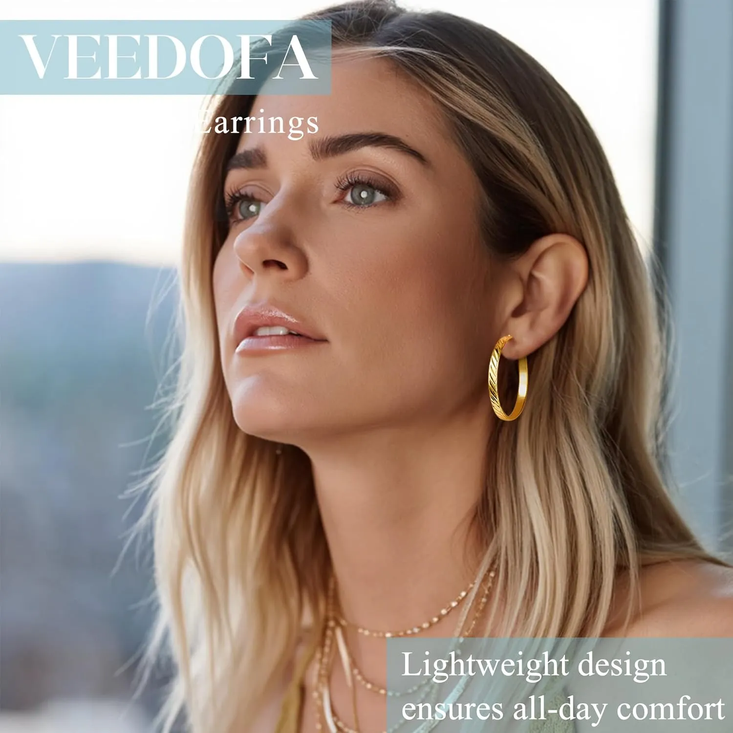 Twill Gold Silver Hoop Earrings for Women, Hypoallergenic 14K Gold Plated Hoops, Lightweight 925 Sterling Silver Post Big Earrings for Women Jewelry Gifts 30/40/50/60MM