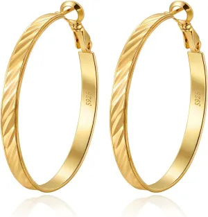 Twill Gold Silver Hoop Earrings for Women, Hypoallergenic 14K Gold Plated Hoops, Lightweight 925 Sterling Silver Post Big Earrings for Women Jewelry Gifts 30/40/50/60MM