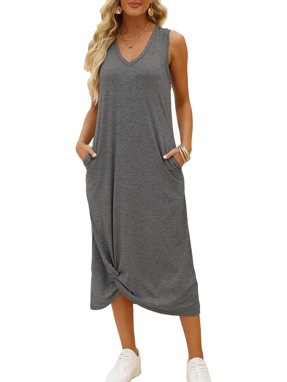 Twist Knot Front V-Neck Sleeveless Maxi Dress