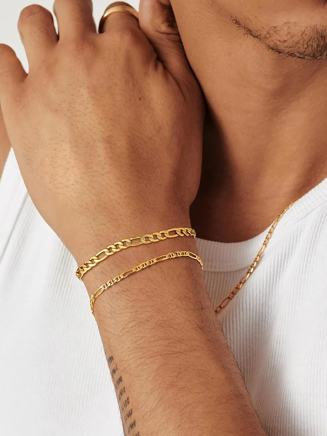 U7 Figaro Bracelet, Stainless Steel Figaro Chain Bracelet, Rope Chain Bracelet Stainless Steel 18K Gold Plated Wrist Chain for Men Women