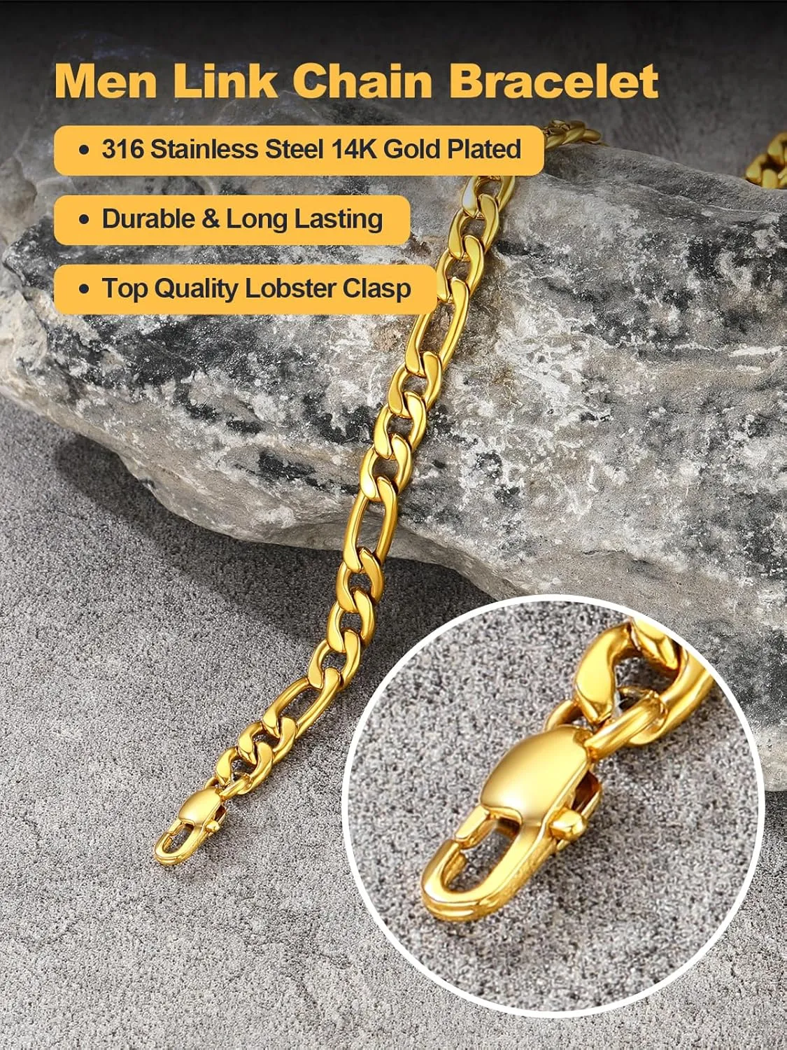 U7 Figaro Bracelet, Stainless Steel Figaro Chain Bracelet, Rope Chain Bracelet Stainless Steel 18K Gold Plated Wrist Chain for Men Women