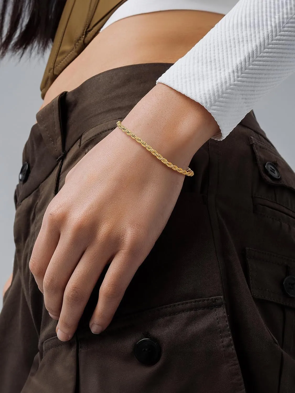 U7 Figaro Bracelet, Stainless Steel Figaro Chain Bracelet, Rope Chain Bracelet Stainless Steel 18K Gold Plated Wrist Chain for Men Women