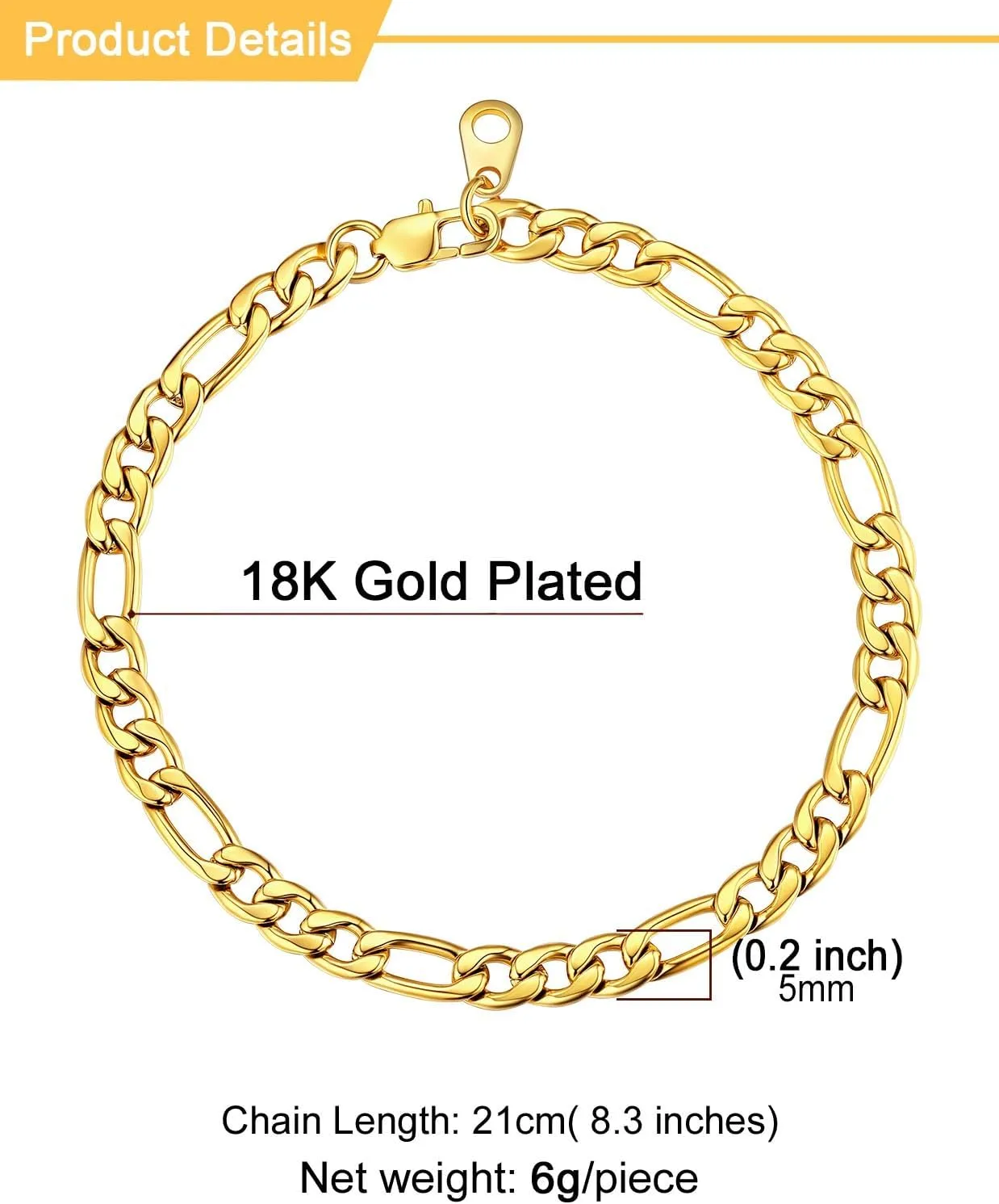 U7 Figaro Bracelet, Stainless Steel Figaro Chain Bracelet, Rope Chain Bracelet Stainless Steel 18K Gold Plated Wrist Chain for Men Women