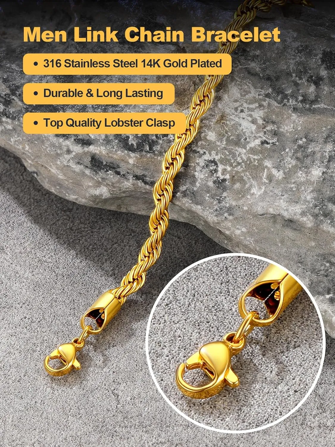 U7 Figaro Bracelet, Stainless Steel Figaro Chain Bracelet, Rope Chain Bracelet Stainless Steel 18K Gold Plated Wrist Chain for Men Women