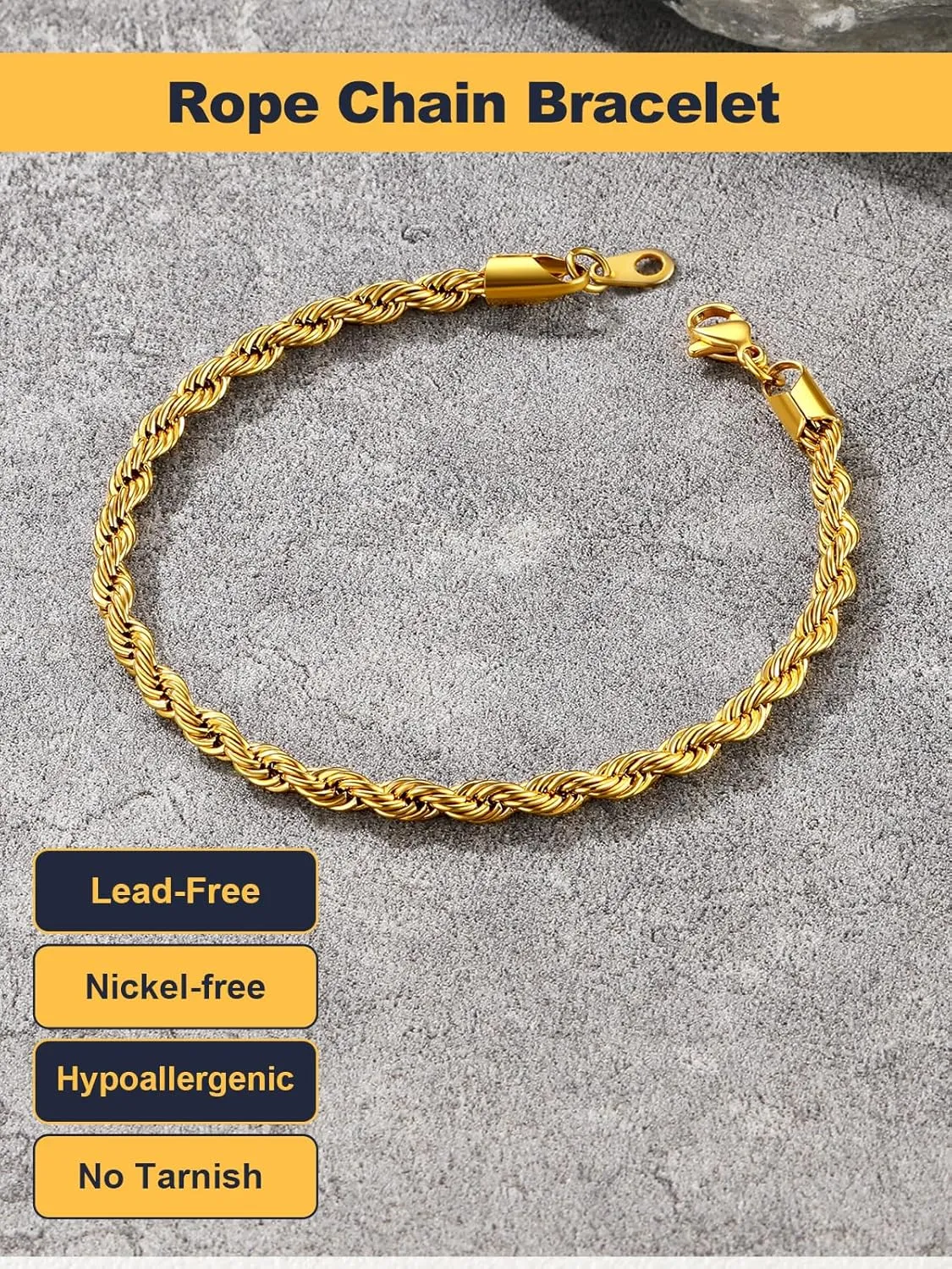 U7 Figaro Bracelet, Stainless Steel Figaro Chain Bracelet, Rope Chain Bracelet Stainless Steel 18K Gold Plated Wrist Chain for Men Women