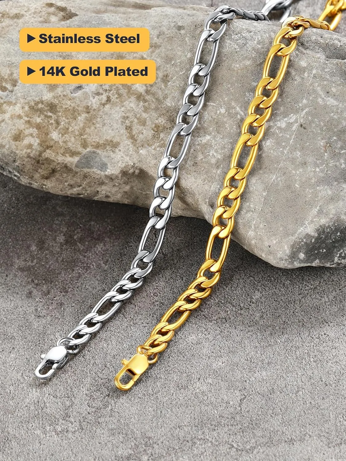 U7 Figaro Bracelet, Stainless Steel Figaro Chain Bracelet, Rope Chain Bracelet Stainless Steel 18K Gold Plated Wrist Chain for Men Women