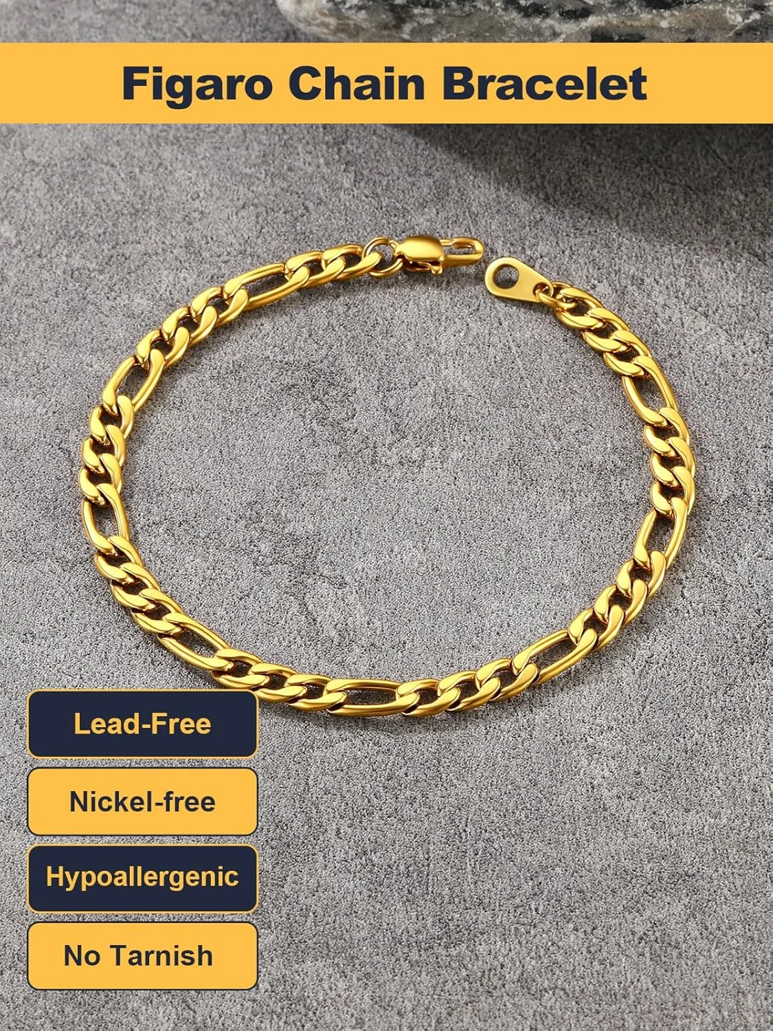 U7 Figaro Bracelet, Stainless Steel Figaro Chain Bracelet, Rope Chain Bracelet Stainless Steel 18K Gold Plated Wrist Chain for Men Women