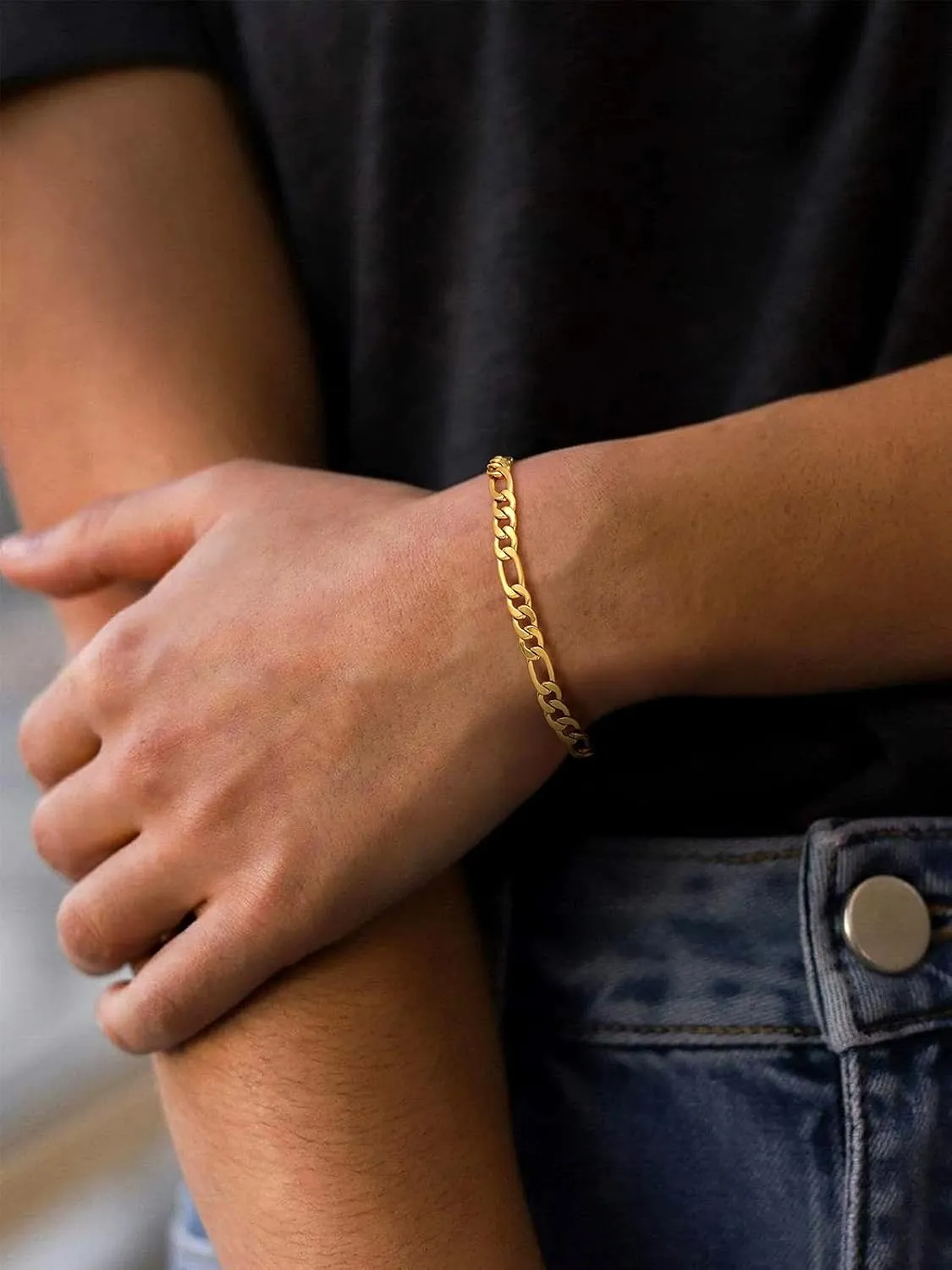 U7 Figaro Bracelet, Stainless Steel Figaro Chain Bracelet, Rope Chain Bracelet Stainless Steel 18K Gold Plated Wrist Chain for Men Women