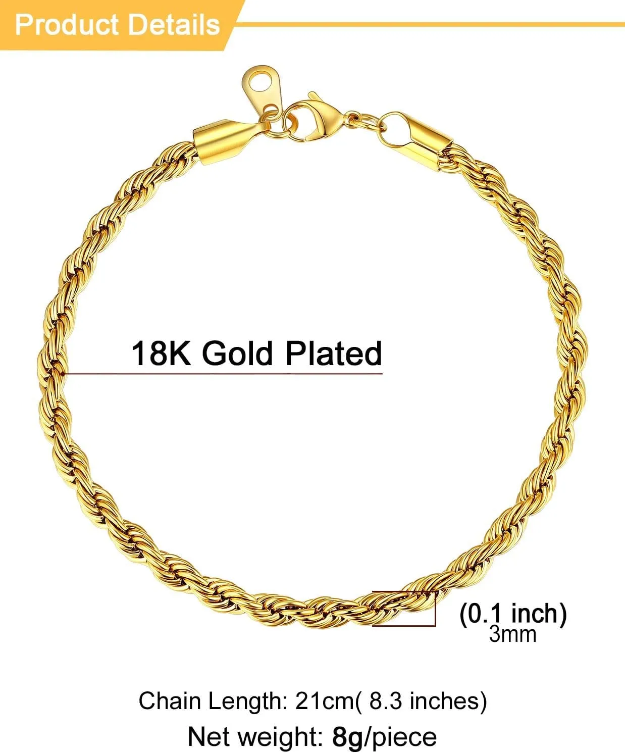 U7 Figaro Bracelet, Stainless Steel Figaro Chain Bracelet, Rope Chain Bracelet Stainless Steel 18K Gold Plated Wrist Chain for Men Women