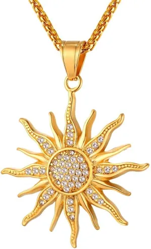 U7 Sunflower Necklace 18K Gold Plated Sparkling Rhinestone Crystal You are My Sunshine Pendant Statement Jewelry for Men Women