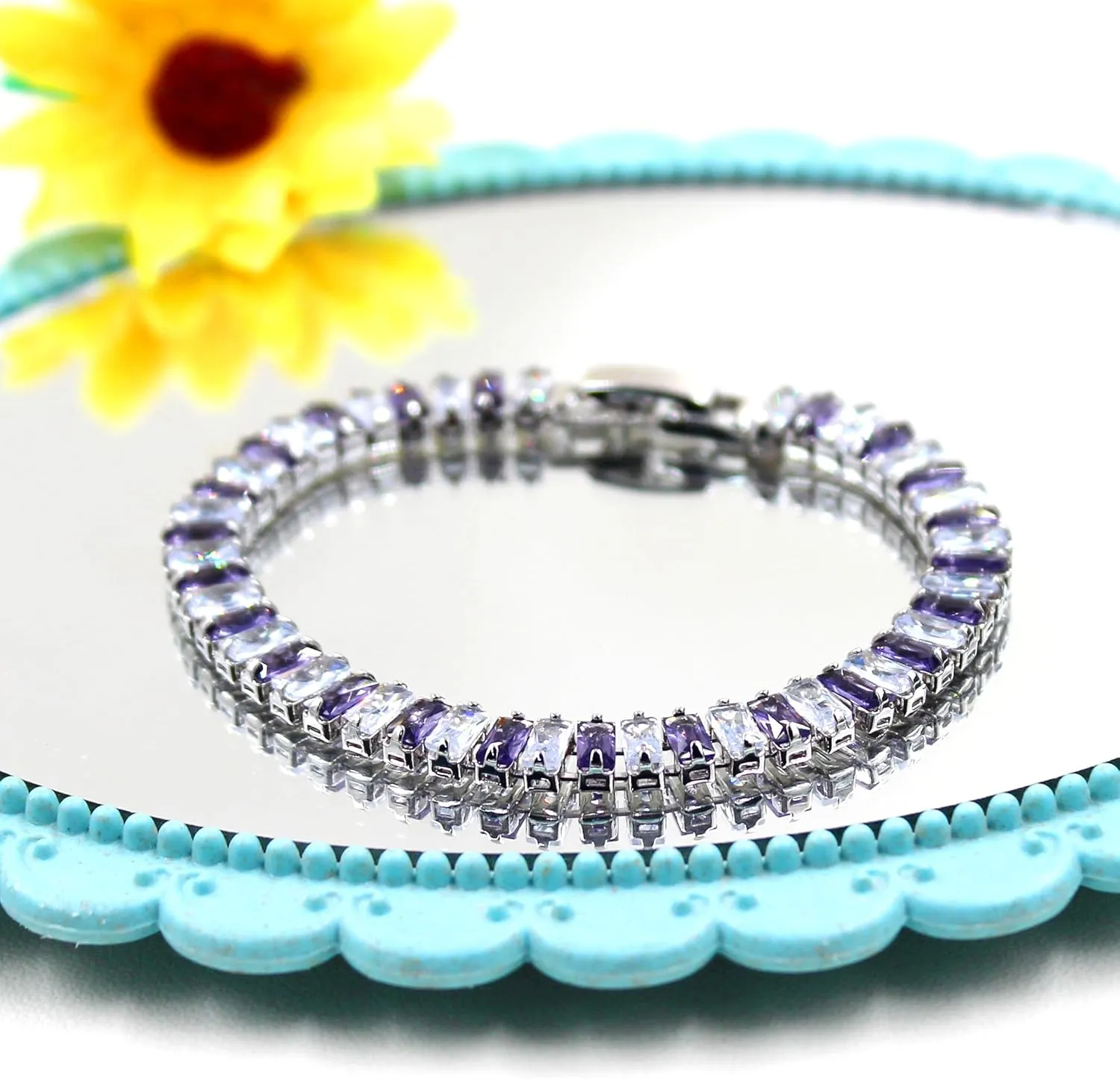 Uloveido 2.5 * 6mm Cubic Zirconia Rectangular Tennis Bracelets for Women | Classic Emerald Cut Faux Diamond Eternity Bracelet Size 6.5-7.5 Inch