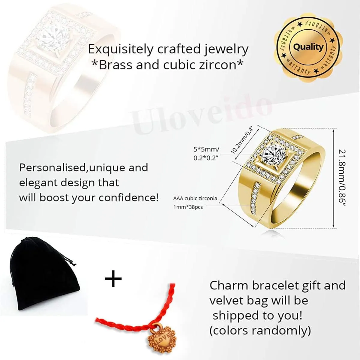 Uloveido 8mm Gold-Plated Men's Wedding Band Ring Comfit Fit  Unique Square Design with Sparkling Round CZ Stone, Ideal for Engagement Anniversary or Special Occasions