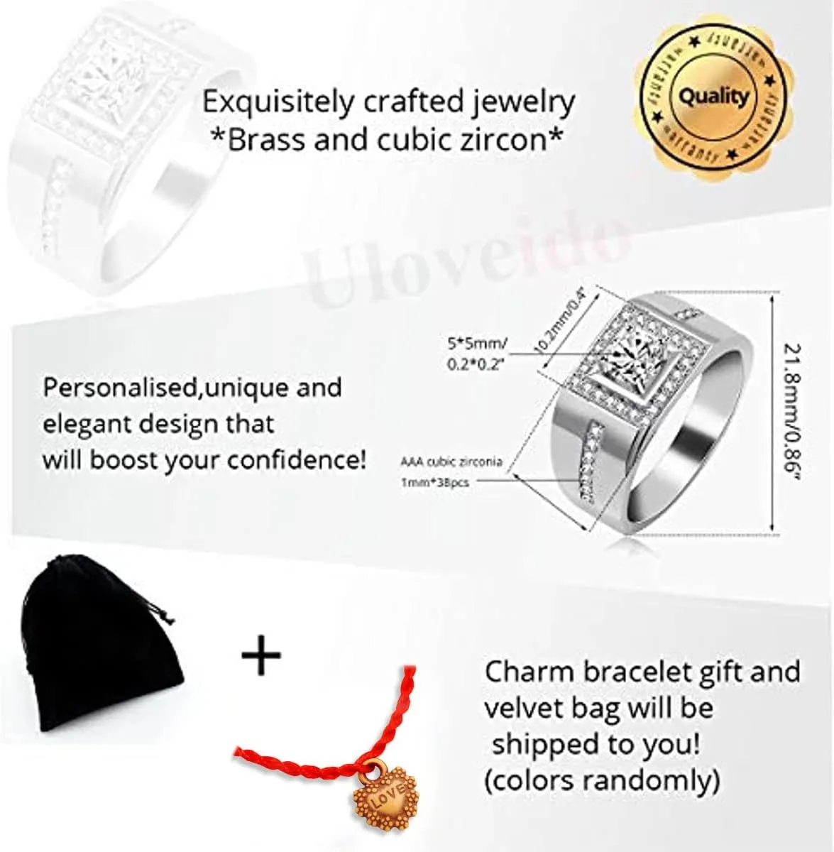 Uloveido 8mm Gold-Plated Men's Wedding Band Ring Comfit Fit  Unique Square Design with Sparkling Round CZ Stone, Ideal for Engagement Anniversary or Special Occasions