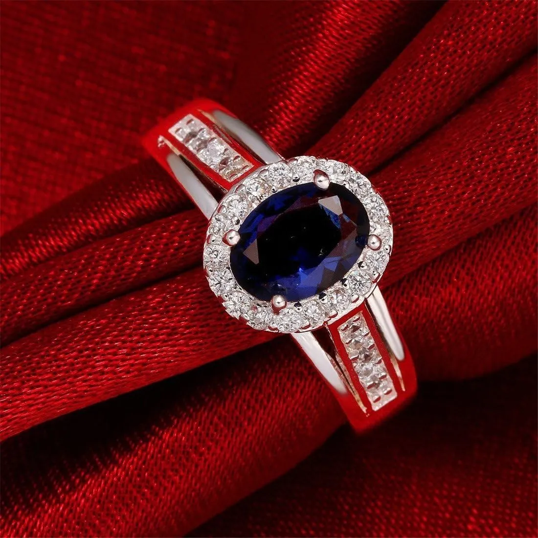 Uloveido Red CZ Crystal Halo Statement Rings Women Fashion Silver Plated Jewelry PJ139