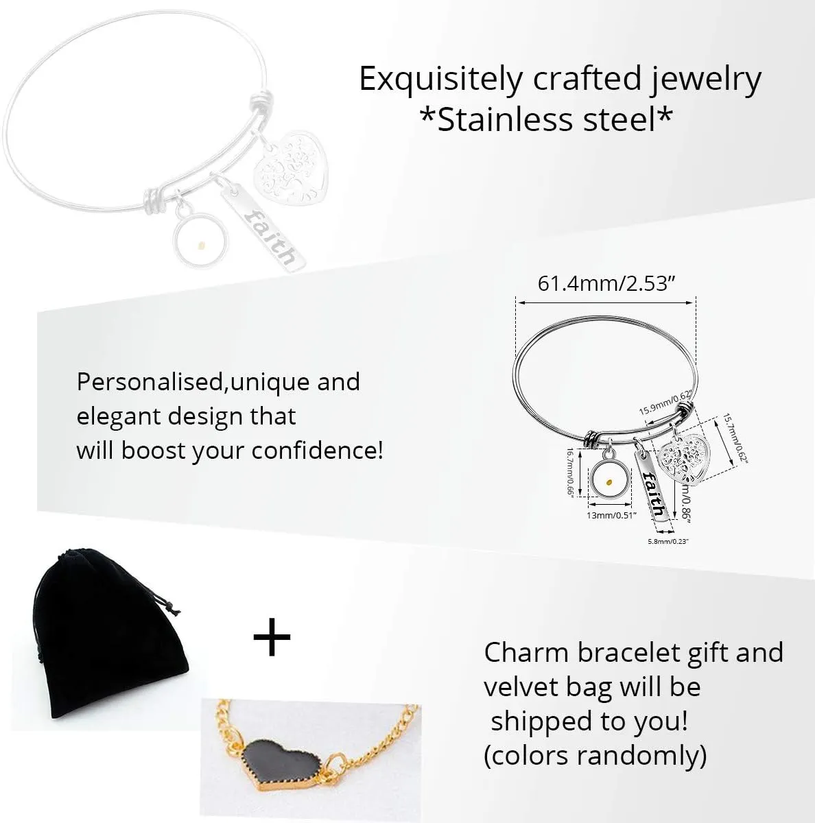 Uloveido Stainless Steel Tree of Life Bangle Mustard Seed Pendant Faith Cuff Bracelet Gifts for Women Teen-Girls Y639