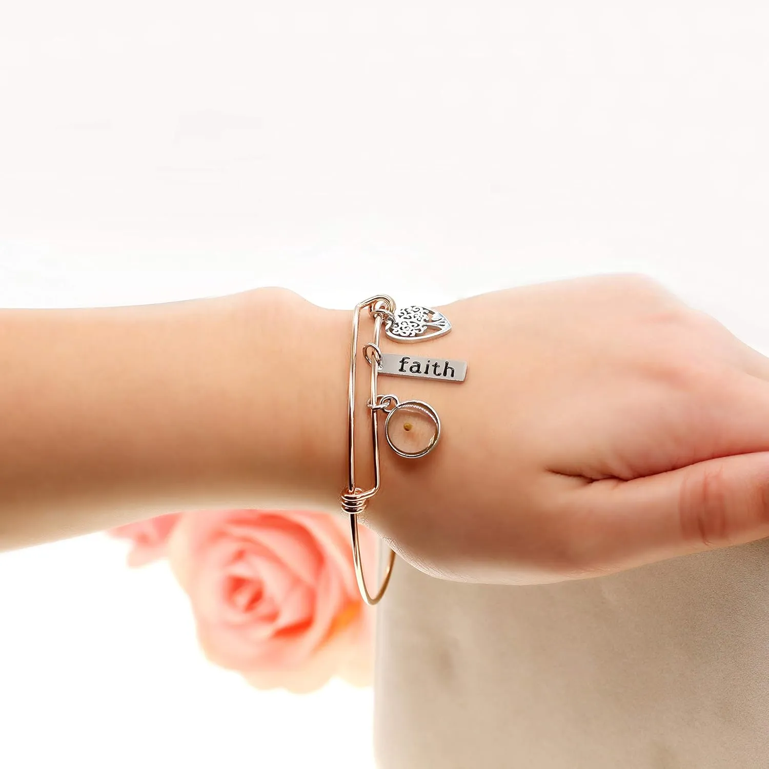 Uloveido Stainless Steel Tree of Life Bangle Mustard Seed Pendant Faith Cuff Bracelet Gifts for Women Teen-Girls Y639