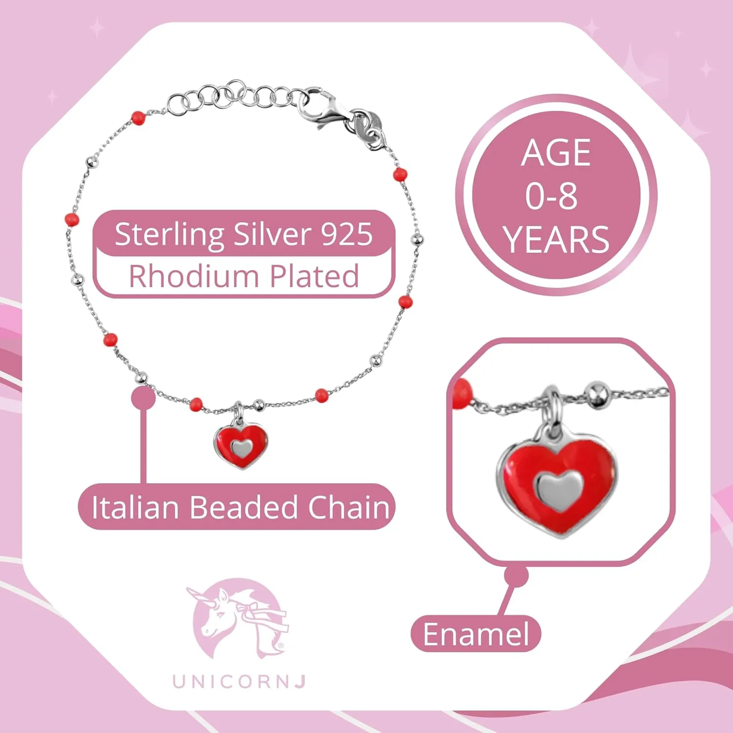 UNICORNJ Sterling Silver Kids Bracelet for Girls Heart Butterfly Charm Enamel Hand Painted | Made in Italy | Bead Chain 6.25"